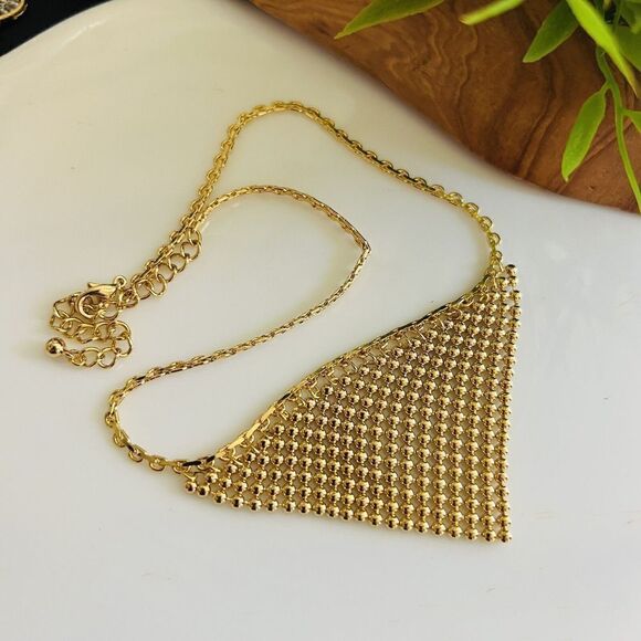 Gold Toned Chainmail Choker Mesh Necklace Triangular PRETTY 1366 - Picture 2 of 7
